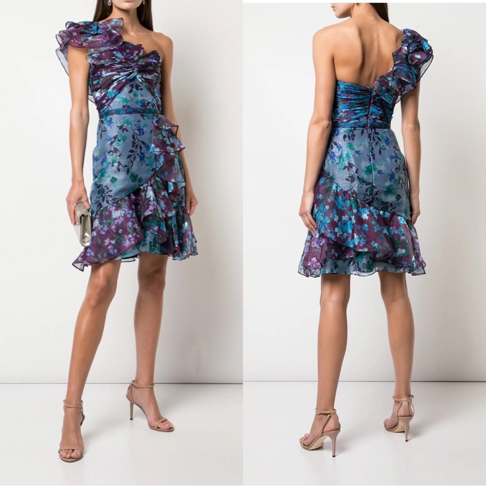 Marchesa One Shoulder Floral Colorblock Cocktail Dress In Blue/Purple Sz 4 NWOT